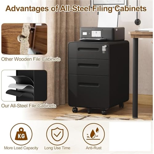 UXALoH6 Mobile File Cabinet 3 Drawers File Cabinet, Mobile Filing with Lock, Steel, Fully Assembled Except Casters, for Home Office, for A4, Letter(White)
