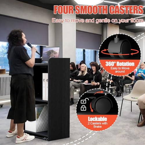 aboxoo Podium Stand - Portable Podium Stand with 4 Rolling Wheels, Pulpits for Churches with Adjustable Shelf, Hostess Stand, Mobile podiums for Church, Classroom, Office (with Charging Station)