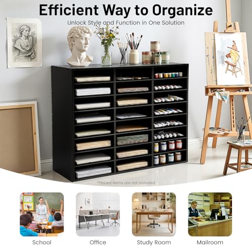 QWNBG 24 Compartments Literature Organizer with Adjustable Shelves Desktop File Sorter Mail Center Paper Storage Cabinet Home & Office Mailbox School Classroom Keepers (Black 24 Slots)