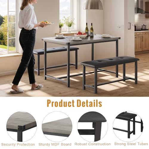 3 PSC Dining Table Set with 2 Upholstered Benches and 1 Table for 4, 44" Small Space Breakfast Nook Set, Kitchen Table with Tufted Upholstered Seats, Rustic Wood & Metal Frame, Easy Assembly