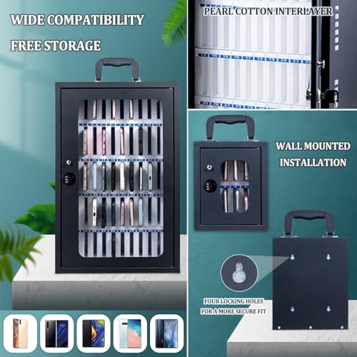 PetterShop Stainless Steel Wall Mounted Phone Boxt,Phone Storage Cabinet,with Lock & Soft Lining, Pocket Chart Cell Phone Holder for Classroom (Color : Black, Size : 60)