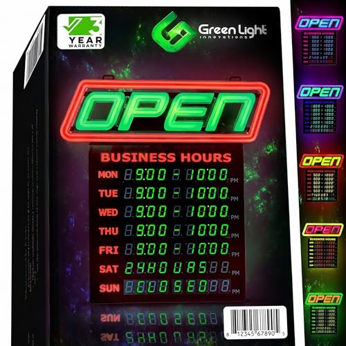 LED Open Sign for Business with Programmable Business Hours — Green Light Innovations Bluetooth App, 4,000+ Color Combos, Flash/Scroll/Neon Modes, 100,000-Hr LEDs, 3-Year Warranty, 15×16.5 in