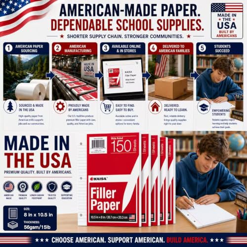 Kaisa loose Leaf Paper Filler Paper 1800 Sheets 8"x10.5",Wide Ruled, 3-Hole Punched for 3-Ring Binders, Carton of 12pack
