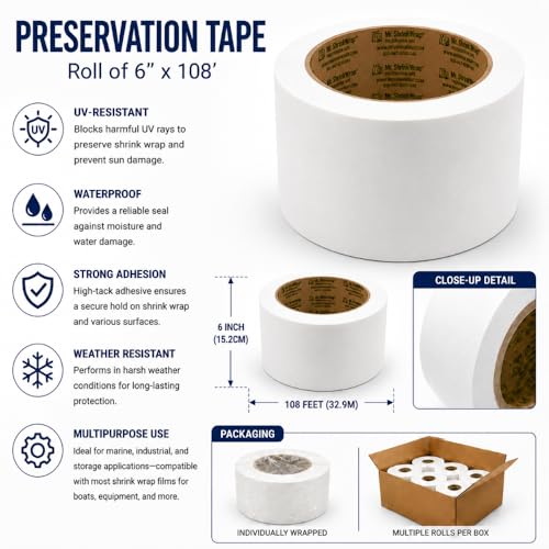 Mr. Shrinkwrap Shrink Wrap Film UV Preservation Tape, Clear Polyethylene with Synthetic Rubber Clear Adhesive Backing, Roll of 6” Wide x 108’ Length, White
