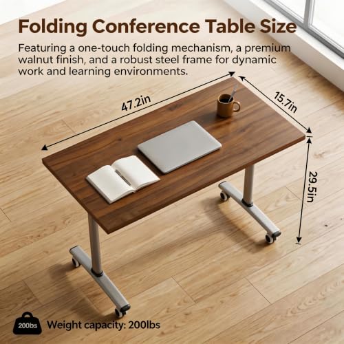 Velmorix Folding Conference Table with Wheels, Mobile Flip-Top Training Table, Modular Space-Saving Meeting Table for Office, Classroom, Seminar, Library (2, Walnut, 47IN)