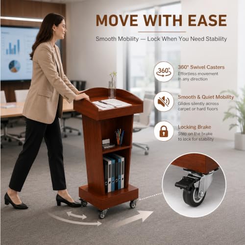 Wooden Pulpit Lectern Podium with Wheels and Storage for Church Classroom