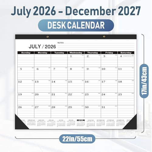 Desk Calendar 2026-2027,July 2026 to December 2027,Desk calendar 2026-2027 Large 22x17, Classroom Calendar 2027 with PVC Cover,Round Holes& NOTES List (Black),18 Months Calender 2027