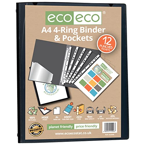 eco-eco A4 65% Recycled Presentation 4 O Ring Binder with 12 Multi Punched Pockets, 22mm Spine, Pack of 12 Black, eco046x12