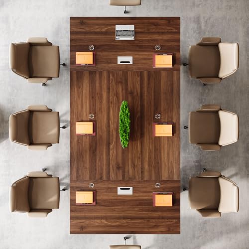 Tribesigns 8FT Conference Table for 10 People, 94.5" W Large Meeting Table with 2 Cable Grommet, Business Style Seminar Boardroom Podcast Tables for Conference Room, Brown