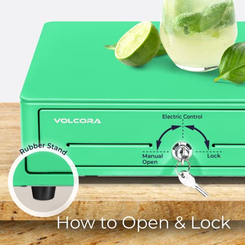 Volcora Cash Register Drawer for (POS) Point of Sale System with Round Corner 13", Removable Coin Tray, 4 Bill/5 Coin, 12-24V, RJ11/RJ12 Key-Lock, Media Slot,Cash Till, for Business, Green