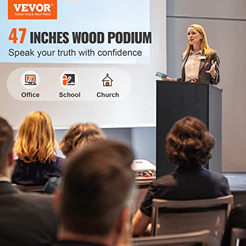 VEVOR Podium Stand, 47-inch Mobile Lectern with 4 Casters, Wooden Presentation Stand with Shelves, Angled Top, for Church, Office, School, Home Use, Black
