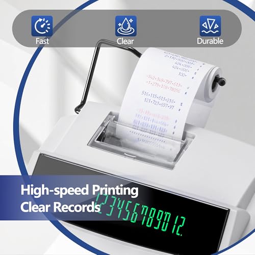 Locksworth 12-Digit Desktop Printing Calculator with Tape Print Out, Adding Machine with Fluorescent Display, 10 Key Calculator with Clock and Calendar, Accounting Business Finance
