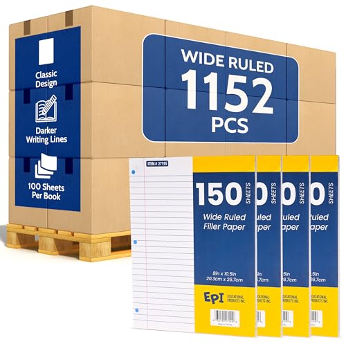1152 Pack (Pallet) Bulk EPI Filler Paper – Wide Ruled, 150 Sheets Loose Leaf Paper – 3-Hole Punched for 3 Ring Binder Refill – 10.5 x 8in – Bulk School Supplies, Office and Classroom Lined Pads