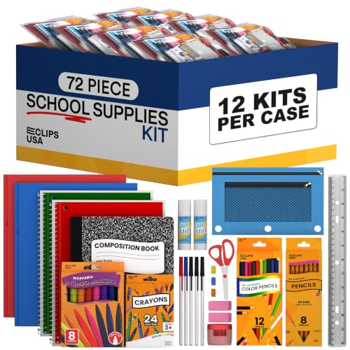 Bulk School Supplies Kits for Kids, 12 Pack of 72 Piece Back to School Supply Bundle Set for Kindergarten, Elementary, K-12