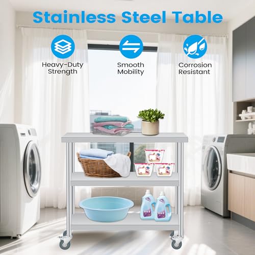 ExploreHorizon Stainless Steel Work Table with Wheels, 3-Shelf Commercial Food Prep Table 18x36x34 Inch, Rust-Resistant Metal Utility Table for Kitchen, Restaurant, Garage, Warehouse, Indoor, Outdoor