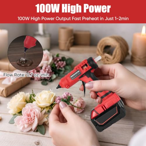 100w Cordless Hot Melt Glue Gun Compatible with Milwaukee M18 18V Battery, High Temp Electric Power Glue Gun with 20pcs 11x150mm Glue Sticks for Arts Crafts DIY Decor School Home Repair (No Battery)