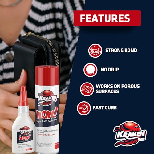 Kraken Bond Wow! CA Glue Set (2x4.4 oz) + Activator Spray (2x16.9 oz) –Super Fast Cyanoacrylate Adhesive Kit for Wood, Plastic, Ceramic, Craft -DIY Repair – 2X Ext. Bottles & 10X Nozzles Inc. 2 Pack