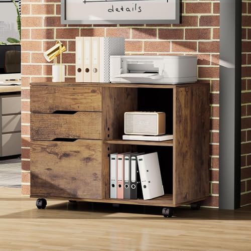 UOCFYK File Cabinet with 3 Drawers, Mobile Lateral Filing Cabinet with Open Storage Shelves for Home Office Under Desk Storage, Brown