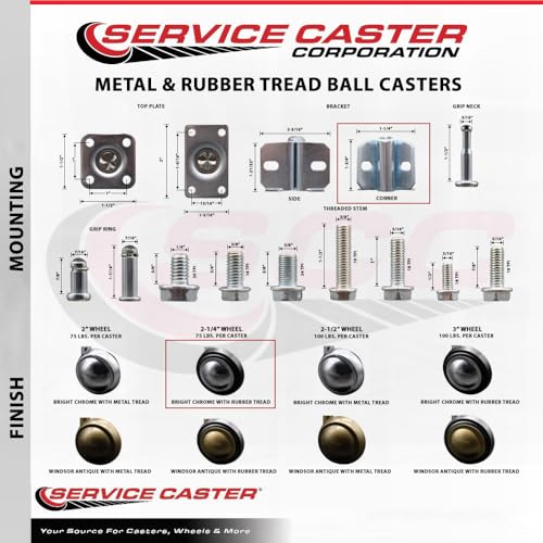 2-1/4 Inch Swivel Metal with Soft Rubber Tread Ball Caster Wheels for Furniture - Bright Chrome Finish Stem Casters with Corner Mount Bracket - 300lbs. Total Capacity - Set of 4 - Service Caster Brand