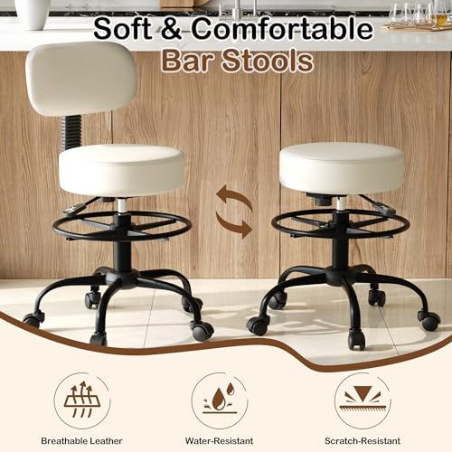 Anunweldo Drafting Chair with Back Support, Adjustable Foot Rest Rolling Stool, 360° Swivel Office Desk Chair with Wheels, Thick Seat Cushion for Home Bar Salon Tattoo Shop (2, White)