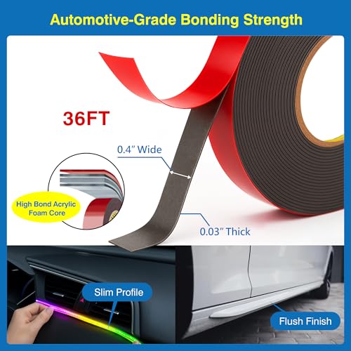 Tapsi Double Sided Tape Heavy Duty, 2 Rolls Automotive Foam Mounting Tape 0.4in x 36ft Each for Plastic, Car Trim & LED Strip Lights (72 feet)