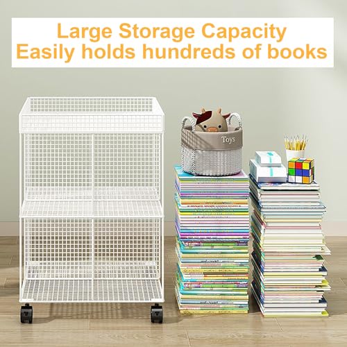 Atkits Four Sided Design Metal Rolling Cart Mobile Book Shelf Cart Moveable Bookshelf on Wheels,Magazine Rack Book Carts,Bookcases for Kids Children Students Study,Black