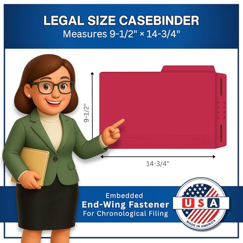 Red Casebinder Legal File Folders, Doctor Stuff, Top Tab, Legal Size with Fully Reinforced Back, 2” Embedded Fastener on Endwing, and 1/2 Cut Assorted Top Tabs, 14 pt Stock, Carton of 200