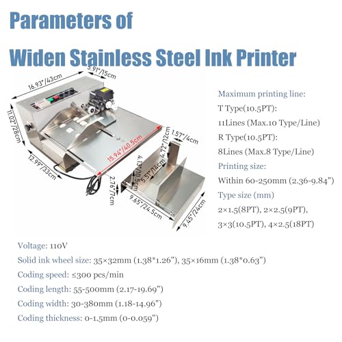 Yokoma Widen MY-380F Solid-Ink Coding Machine MY-380F Continuous Coding Machine Stainless Steel Flat Surface Ink Printer, 110V Silver Color
