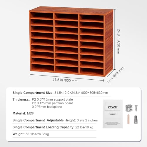 VEVOR 27 Compartments Wood Literature Organizer, Adjustable Shelves, Medium Density Fiberboard Mail Center, Office Home School Storage for Files, Documents, Papers, Magazines, Brown
