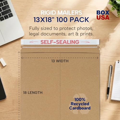 BOX USA Rigid Mailers 13" x 18" (100-Pack) - Kraft Mailers for Posters, Photos, Presentation Prints - Stay Flat