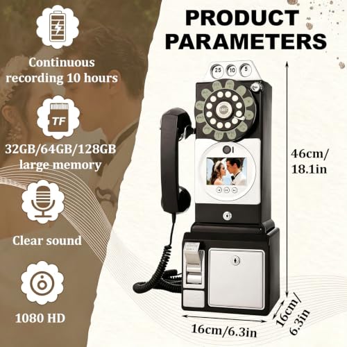 DzkZen Retro Style Wedding Video Guest Book, Vintage Telephone Booth with MP4 Video & Audio Message Recording, 5000mAh Battery Capacity, 5-7 Hours Usage, Guestbooks Black-64GB