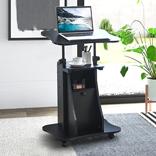 Tangkula Mobile Laptop Podium, Height Adjustable Sit to Stand Desk with Tilting Desktop & Storage Cabinet, Ergonomic Rolling Lectern Cart Laptop Desk, Office Podium Stand on Wheels