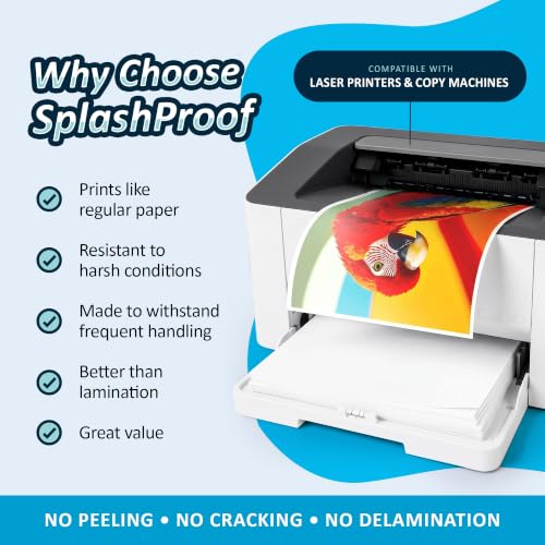 SplashProof Printer Paper - 8.5" x 11", 10 Mil Thick Waterproof Paper, Laser Printer & Copy Machine Compatible (500 Sheets)