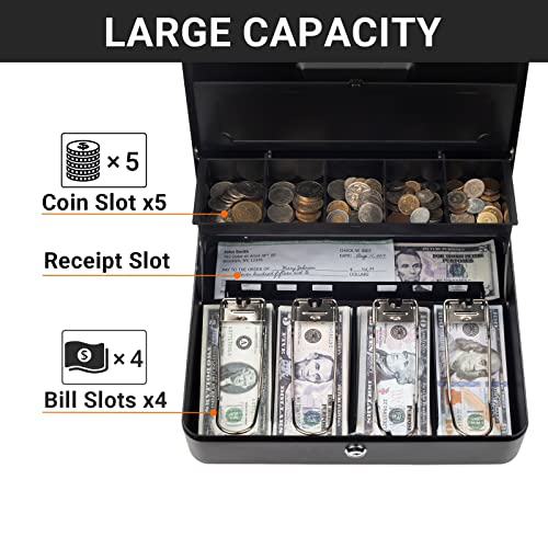 Tera Cash Box with Key Lock: Anti Theft Safe Lock Box with Money Tray 4 Bill 5 Coin Inner Tray 11.8" x 9.4" x 3.5" Large Capacity Rounded Corners for Small Businesses Yard Sale Home KL380