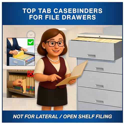 Manila Casebinder File Folders, Doctor Stuff, Top Tab, Letter Size with Fully Reinforced Back, 2” Embedded Fastener on Endwing, and 1/2 Cut Assorted Top Tabs, 14 pt Stock, Box of 50