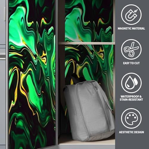 CEREJYPUZ 2 Pcs Locker Magnetic Wallpaper Marble Green Orange Gold Black Neon Abstract Texture Wave 12" x 36" Wall Magnetic Sticker Removable Locker Accessories Decor Easy Install for Office School