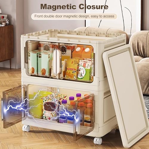 Ergocar Storage Box, Magnetic double opening door large -capacity locker，Transparent Stacking Plastic Storage Boxes with Pulley, for Bedroom, Living Room, Office and Kitchen