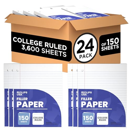 Loose Leaf Paper College Ruled Notebook Paper College Ruled Lined Writing Filler Paper 10.5” x 8” 3600 Sheets 150 Sheets Per Pack 60 gsm (24 Pack)