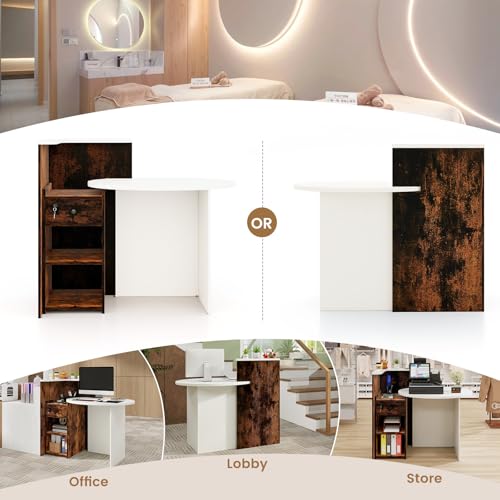 SILKYDRY Reception Desk, Small Retail Checkout Counter with Lockable Drawer and Open Shelves, Wooden Front Desk Reception Counter, Oval Desktop & L Counter for Store Office Lobby Salon (White & Brown)