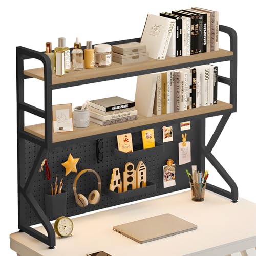 RNQZ 2 Tier Desktop Bookshelf,Metal Storage Office Desktop Organizer Shelf with Pegboard, Storage Display Rack for Office, Dormitory, Home,Black,130cm