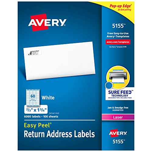 Avery® Printable Return Address Labels, Sure Feed® Technology, 0.5" x 1.75", White, 6,000 Blank Mailing Labels (05155)
