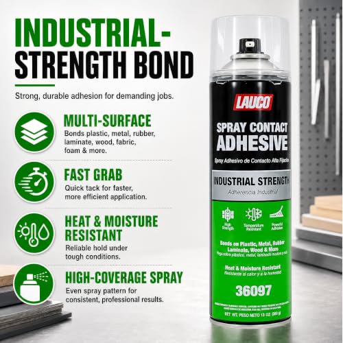 LAUCO Spray Adhesive Contact 13oz, Pack of 6, Industrial Strength Heavy Duty Glue for Wood, Metal, Plastic & Rubber, Heat & Moisture Resistant Fast Bond Multi-Surface Spray Adhesive 36097
