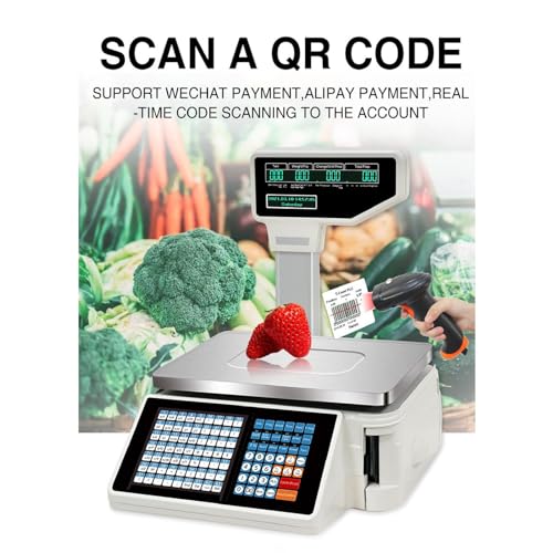 Label Printing Scale - Dual Displayk + 63 Key Combinations, 30KG/60 Lbs Capacity - Price Calculation Scales with Pole Display, for Weighing in Supermarket/Warehouse