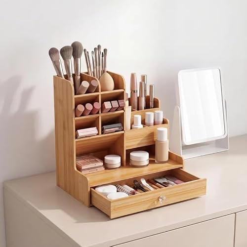 GHCUHJ Natural Bamboo Desk Organizer, Multi-Compartment Storage Caddy with Drawer, Desktop Organizer for Office Supplies, Makeup, Stationery, Home & Office Use