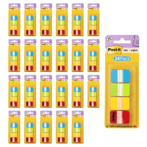 Post-it Tabs, 1 in Solid, Aqua, Lime, Yellow, Red, 22/Color, 88/Dispenser (686-ALYR1IN) (24 Pack)