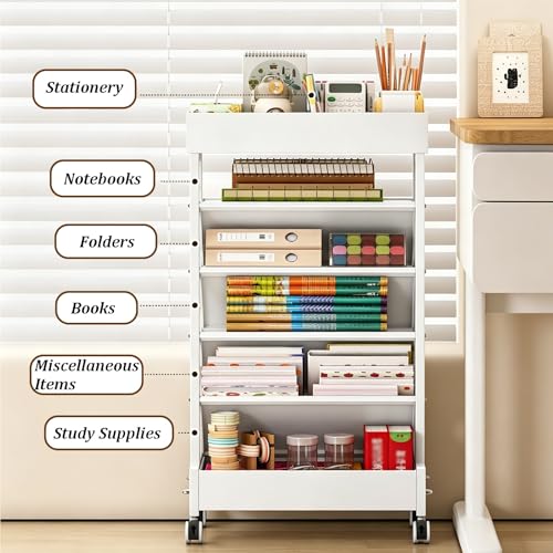 Dexinhdh 6 Tier Rolling Book Cart with Wheels, Book Rack Storage Bookshelf, Slanted Open Design, Large Open Bottom, Office Paper Organizer for Storing Books Magazines(Black)