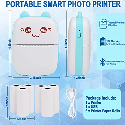 Portable Printer, Mini Pocket Wireless Bluetooth Thermal Printers with 6 Rolls Printing Paper for Android iOS Smartphone, BT Inkless Printing Gift for Label Receipt Photo Notes Study Home Office, Blue