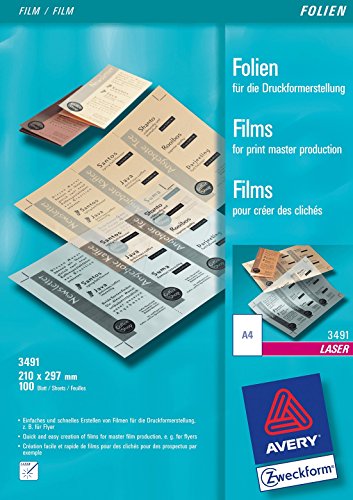 Avery Zweckform 3491 Films Transparent Matt-Coated Batch Processable for Black and White Laser Printers 100 Sheets