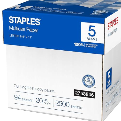Staples Multiuse Copy Paper, 8.5x11 Inch, 20 lb., 94 Brightness, 5 Reams