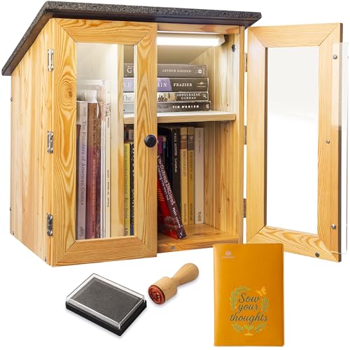 Sylbray Little Library Box Outdoor with LED Lights, Larch Wood, Waterproof